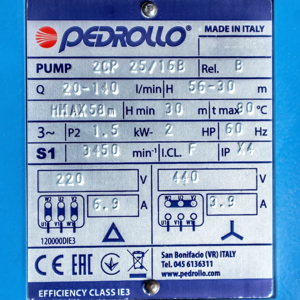 Bomba de agua Pedrollo 2CP 25/16B – centrífuga doble impulsor, hasta 140 l/min, 56 m c.a.