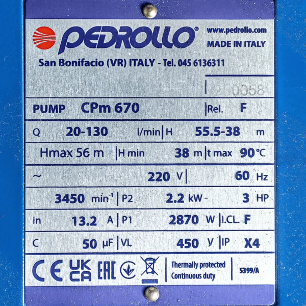 Bomba de agua Pedrollo CPm 670 centrífuga monofásica hierro fundido