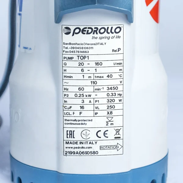 Bomba de agua Pedrollo TOP I 0.33 HP sumergible drenaje agua limpia