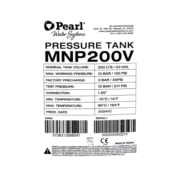 Tanque de presión Pearl 53 galones (~200 litros) acero con membrana
