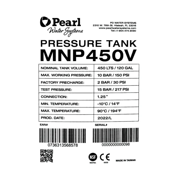 Tanque Pearl 120 gal (~450 litros) acero membrana